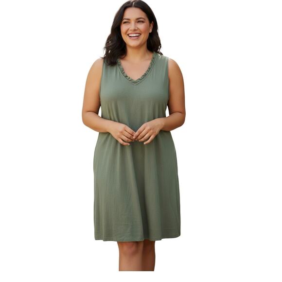 Briggs Sundress Women XXL Army Green Linen Blend Ruffle Tank Dress Summer Casual - Picture 7 of 12